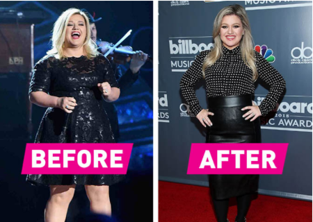 kelly before in a black dress on stage and now wearing a black outfit on the red carpet looking seemingly slimmer 